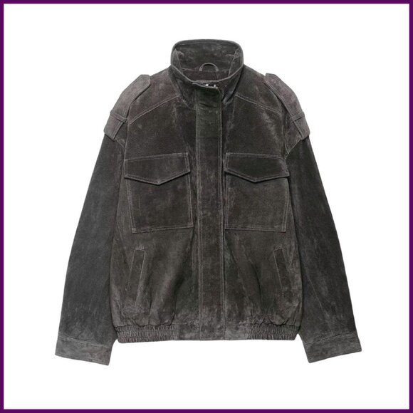 Vintage Faux Suede Leather Jacket Oversized Bomber with Pockets